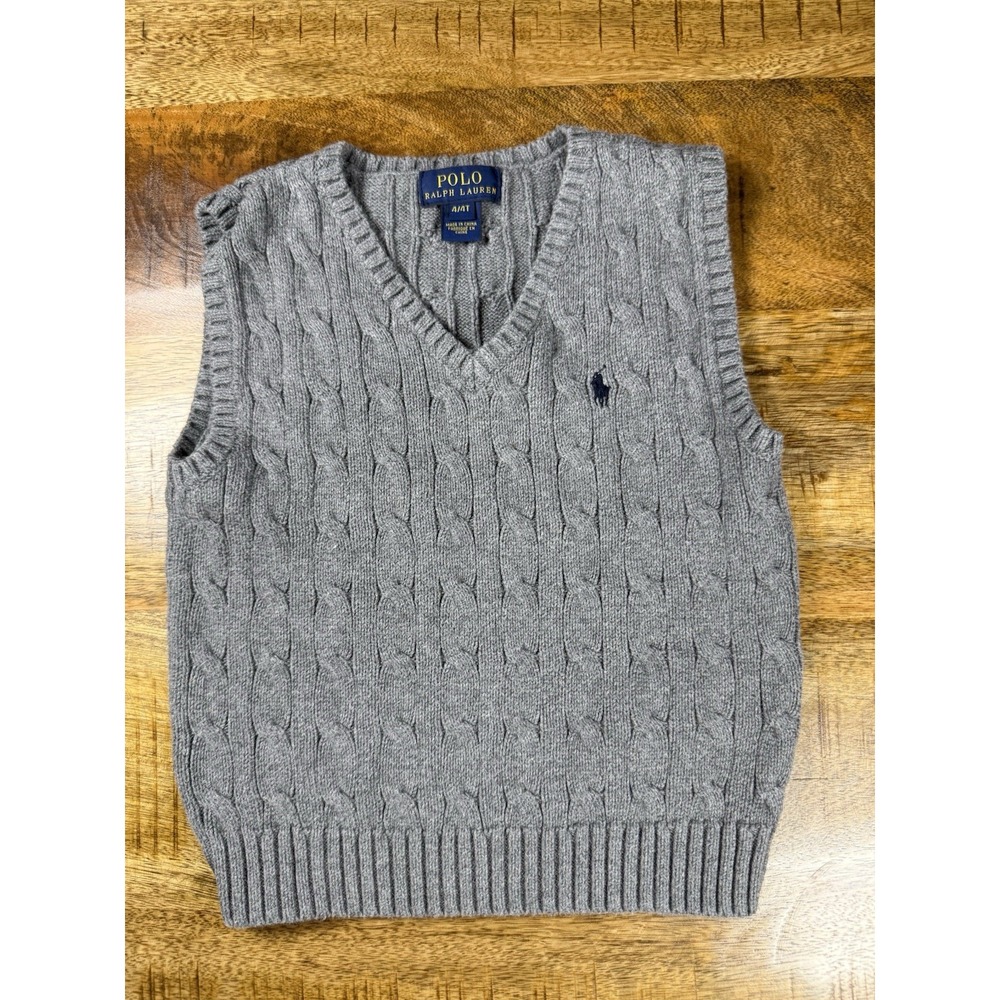 Polo Ralph Lauren Boys 4T Gray Cable Knit Sweater Vest Pony Logo 100% Cotton